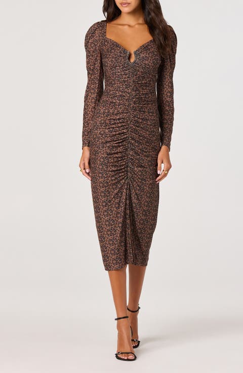 Long Sleeve Ruched Mesh Midi Dress