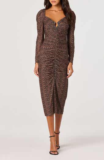 ASTR the Label Long Sleeve Ruched Mesh Midi Dress