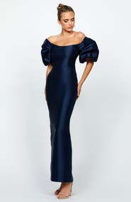 Bariano Meredith Puff Sleeves Scooped Gown