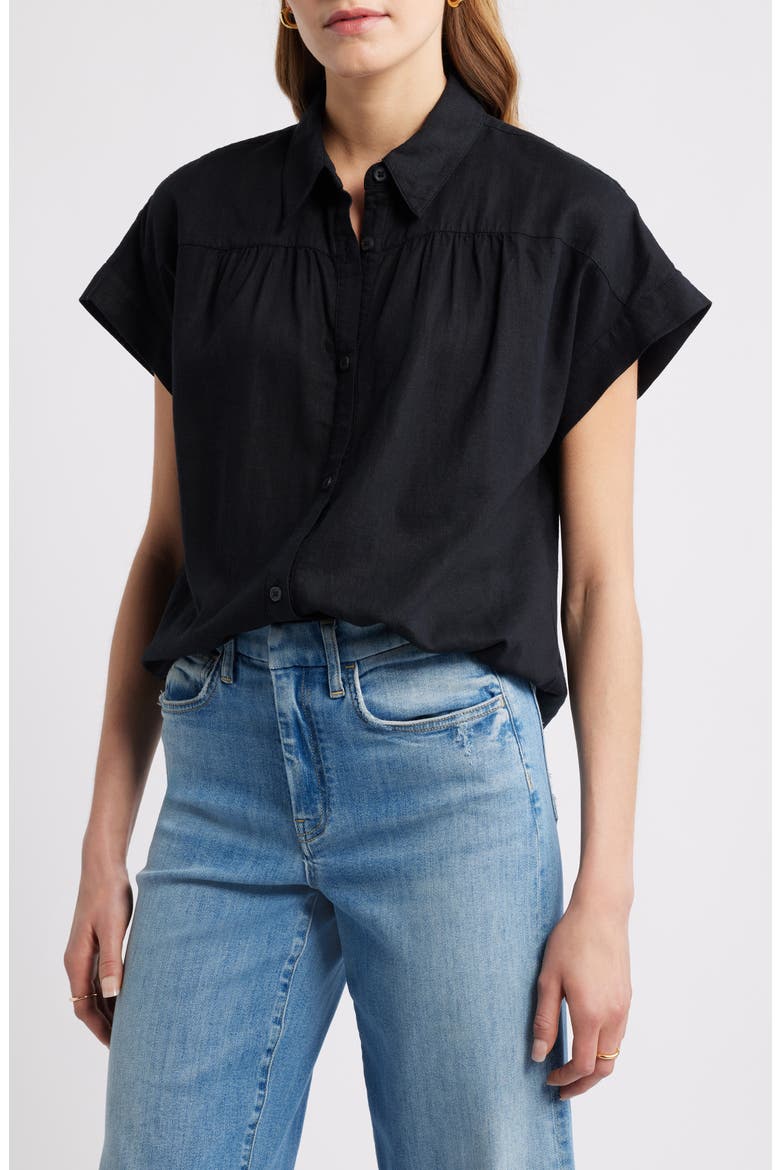Short Sleeve Linen Blend Button-Up Shirt, Main, color, BLACK