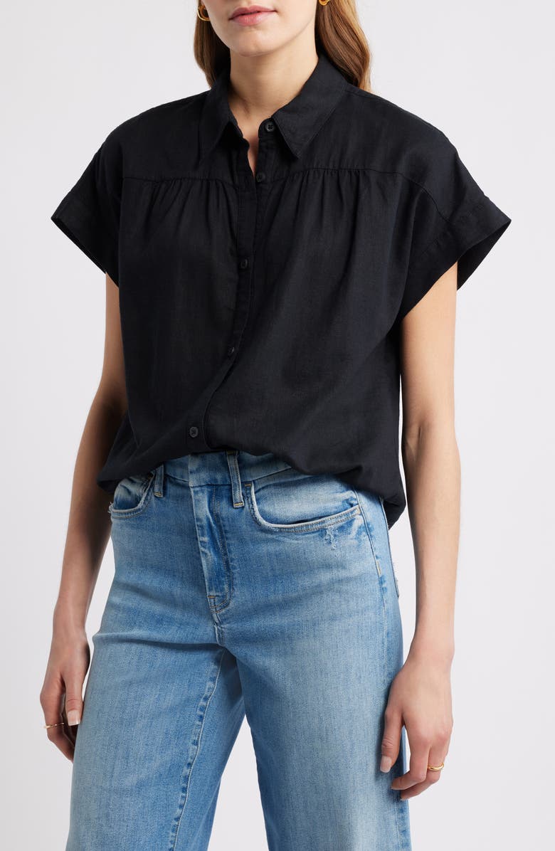 Caslon<sup>®</sup> Short Sleeve Linen Blend Button-Up Shirt, Main, color, Black