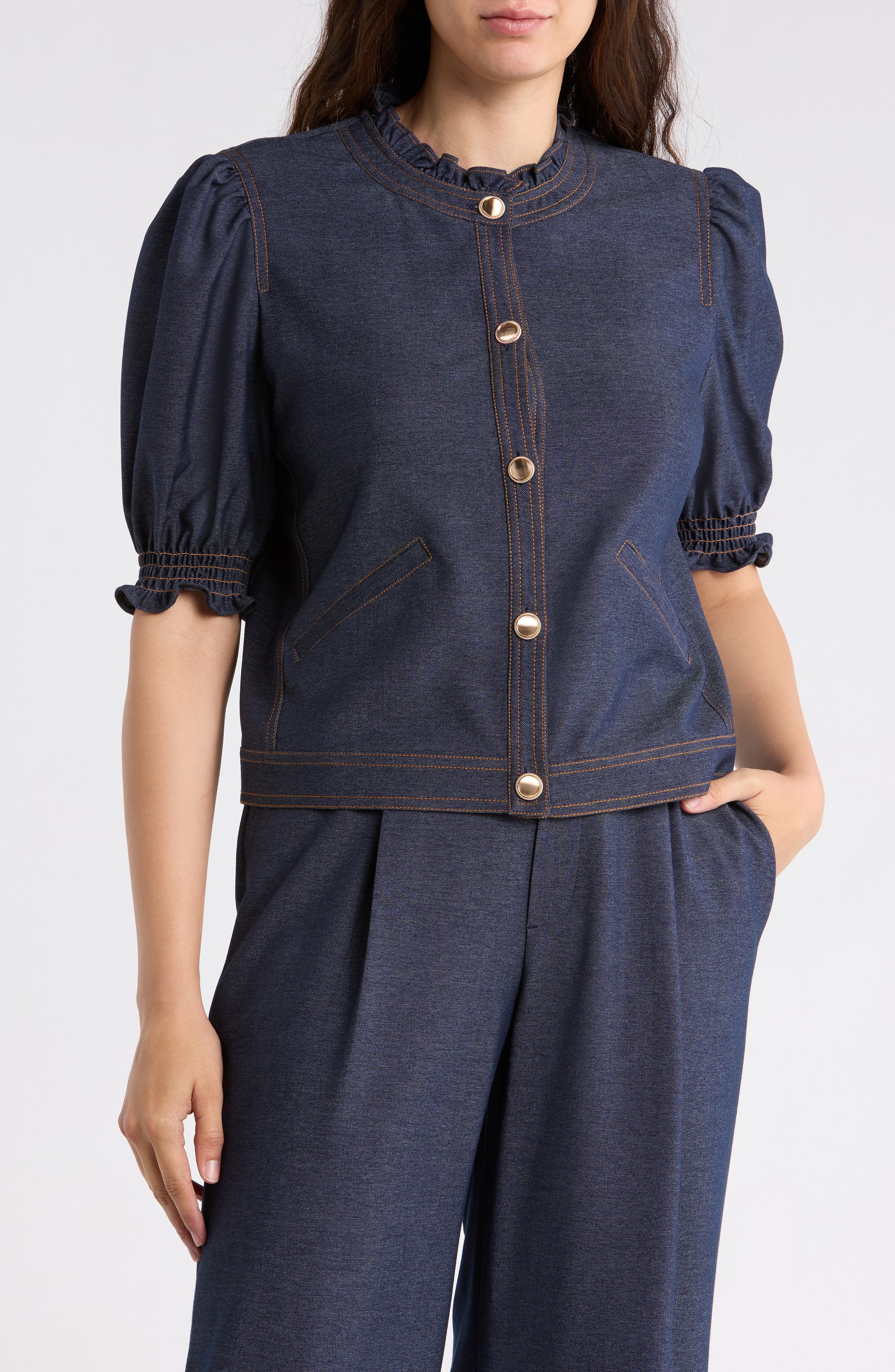 Gemma + Jane Ruffle Neck Puff Sleeve Top