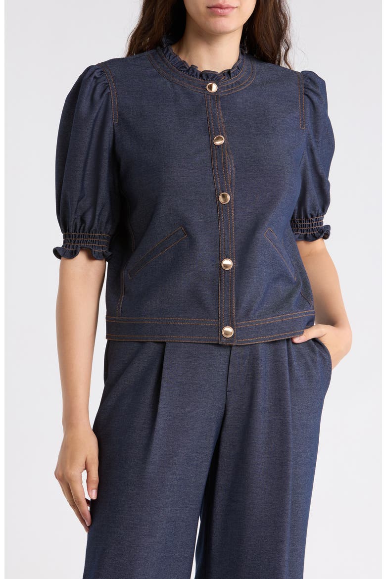 Ruffle Neck Puff Sleeve Top, Main, color, INDIGO BLUE