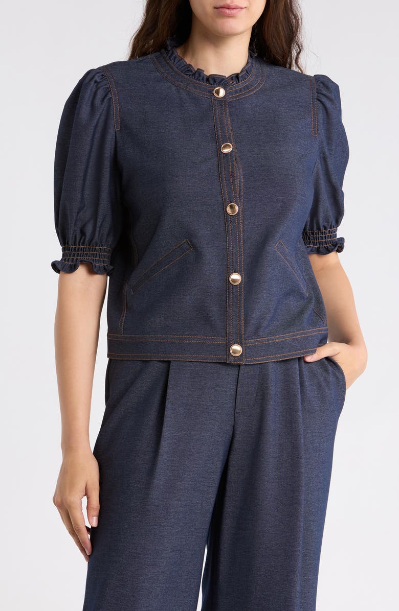 Gemma + Jane Ruffle Neck Puff Sleeve Top, Main, color, Indigo Blue