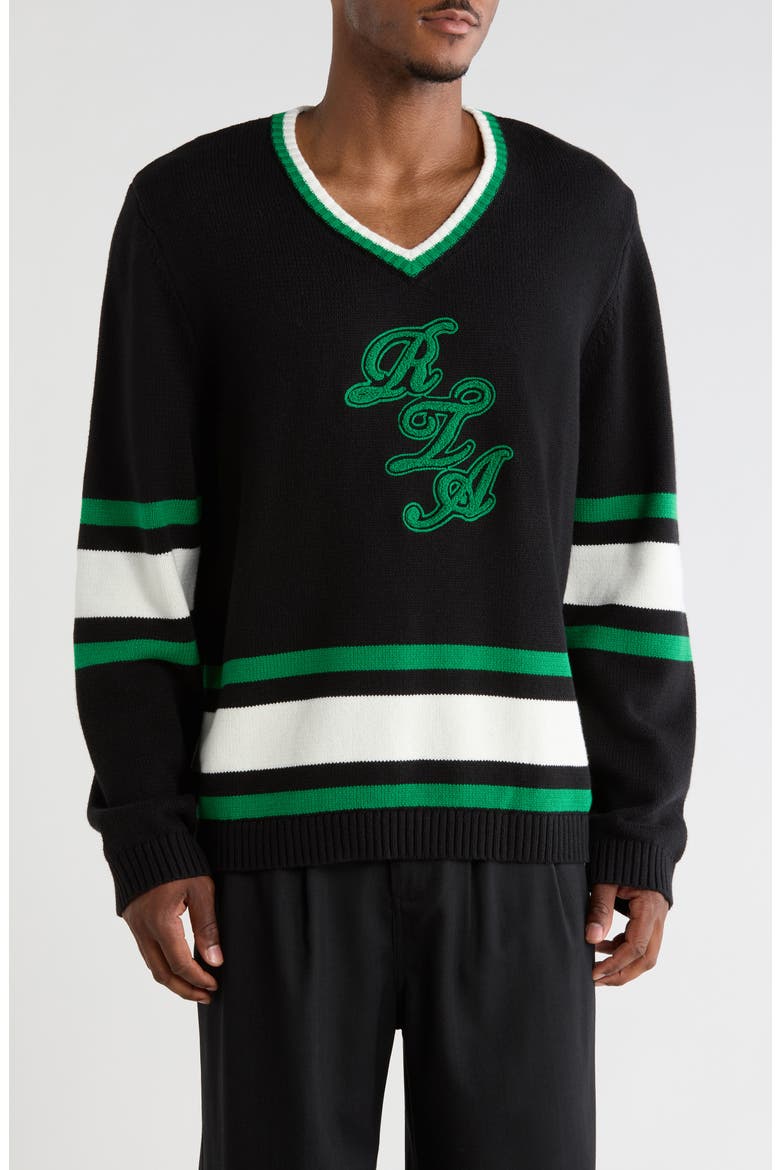 Joshua V-Neck Cotton Blend Sweater, Main, color, BLACK GREEN LOGO
