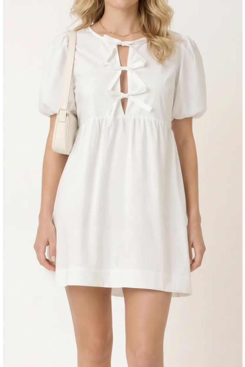 Puff Sleeve Mini Dress with Keyhole Front and Bow Tie Detail, Alternate, color, White