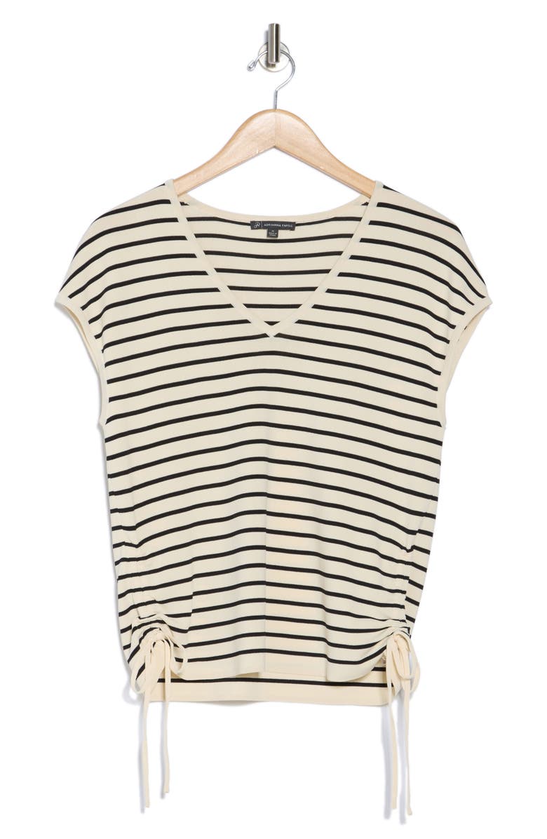 Adrianna Papell Stripe V-Neck Cap Sleeve Side Tie Sweater Top, Alternate, color, Ivory/ Black