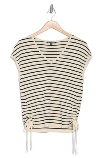 ADRIANNA PAPELL ADRIANNA PAPELL STRIPE V-NECK CAP SLEEVE SIDE TIE SWEATER TOP