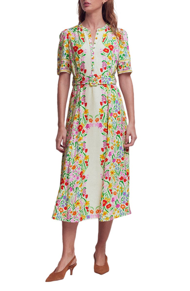 Boden Kate Floral Puff Sleeve Belted Shirtdress, Main, color, Ivory Garden Placement