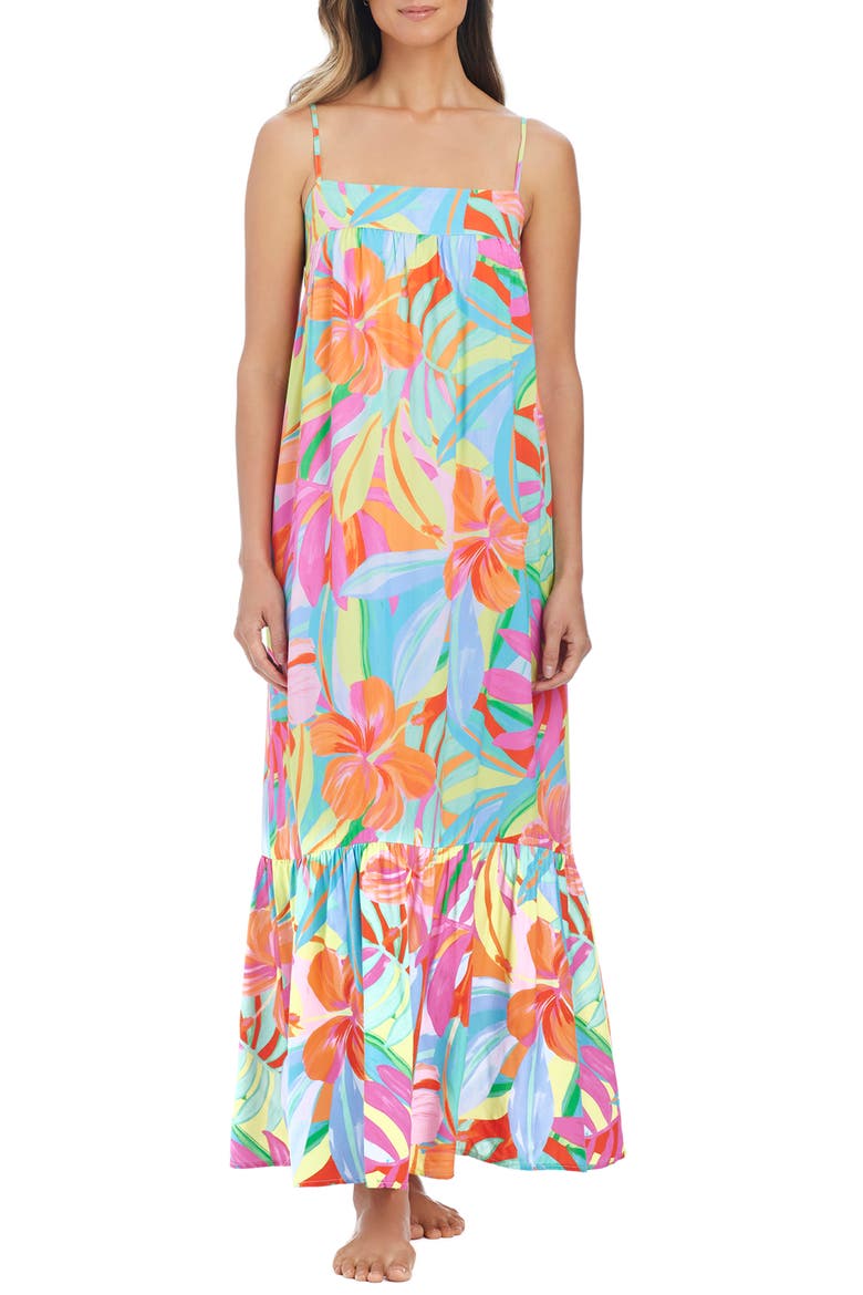 Shirred Bow Back Tiered Maxi Cover-Up Sundress, Main, color, MULTI PINK