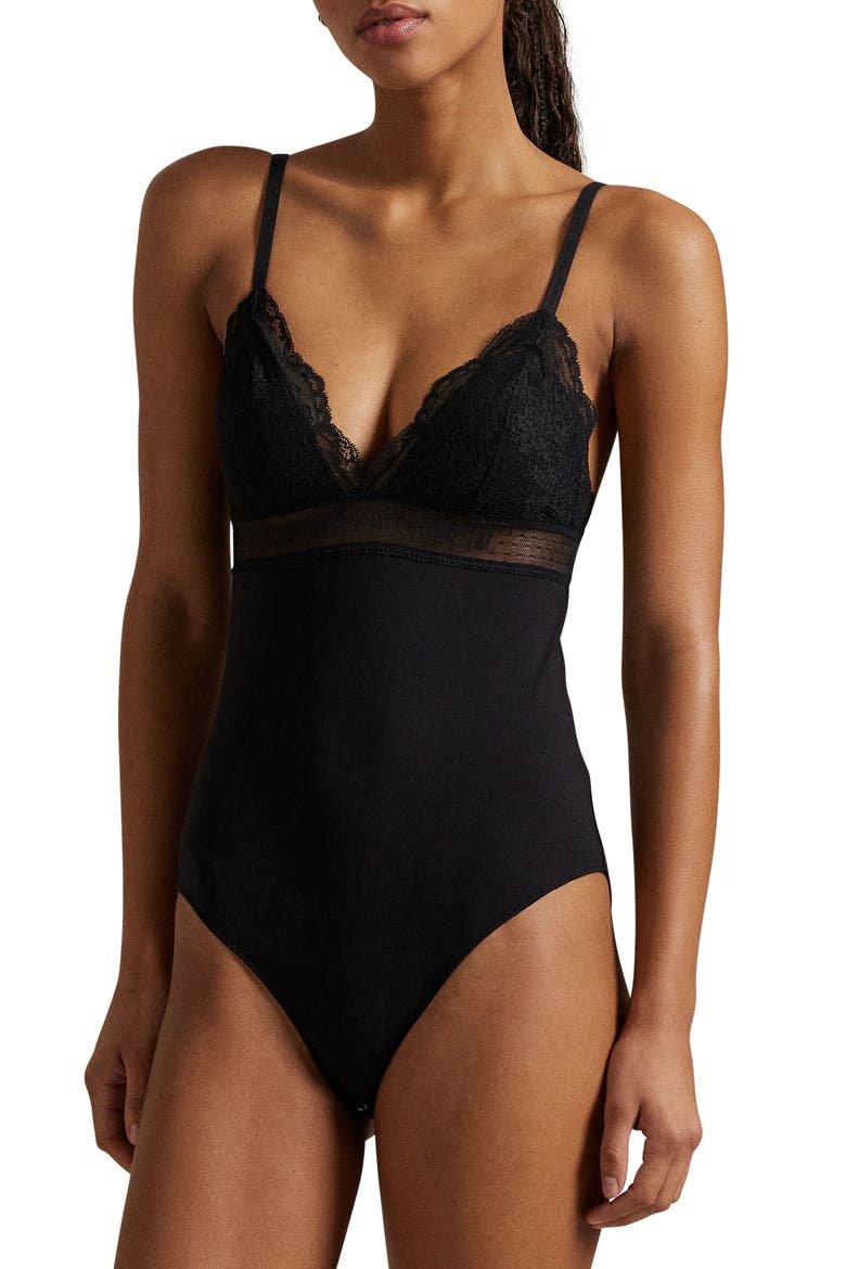 Lace & Stretch Cotton Rib Triangle Bodysuit, Main, color, ONYX