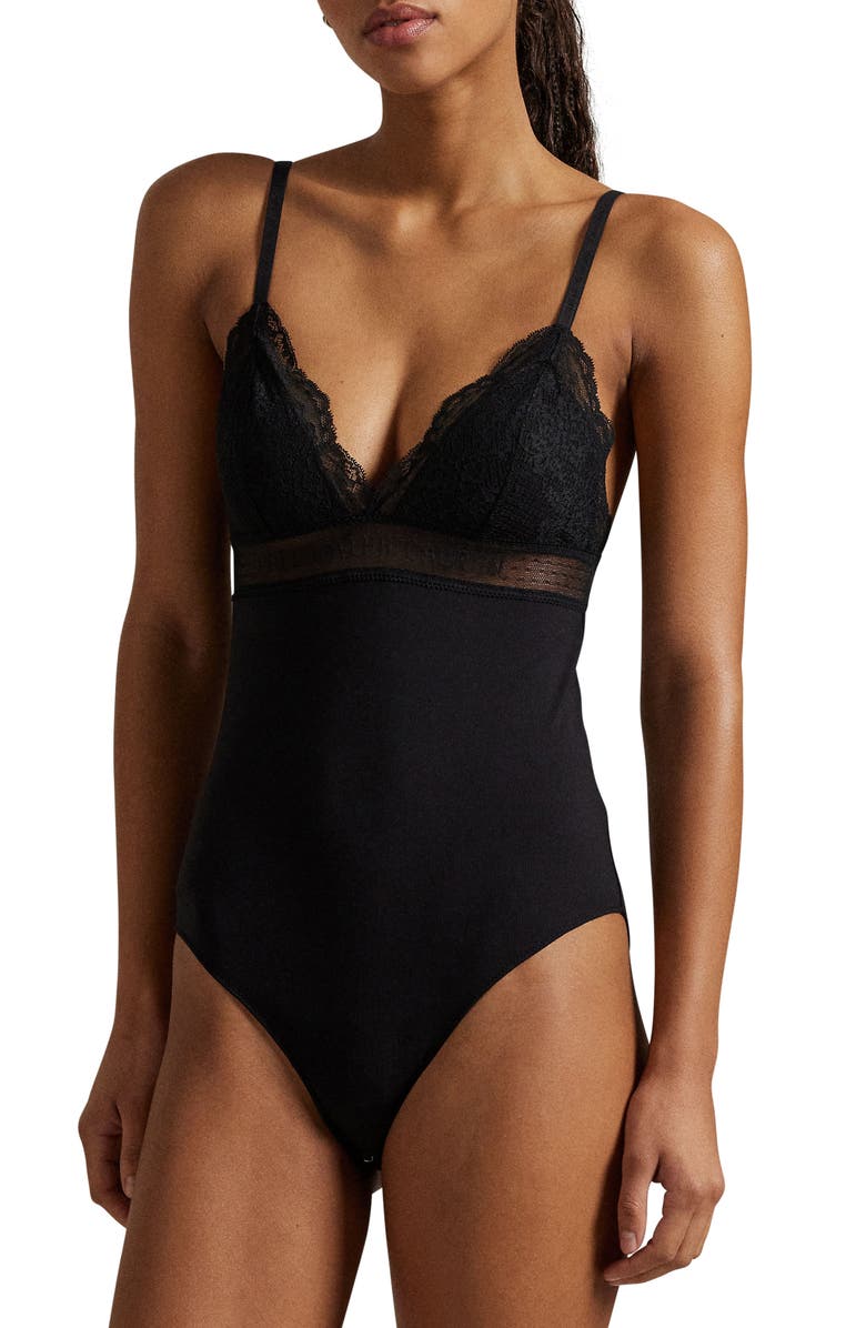 Polo Ralph Lauren Lace & Stretch Cotton Rib Triangle Bodysuit, Main, color, Onyx