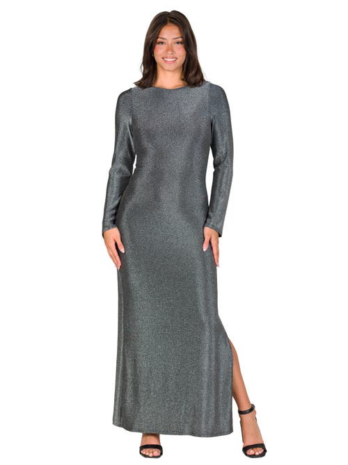 24seven Comfort Apparel Fitted Long Sleeve Shimmery Fabric Side Slit Maxi Dress In Gray