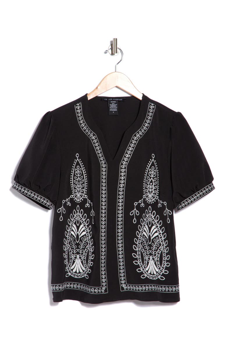 Embroidered Puff Sleeve Top, Main, color, BLACK