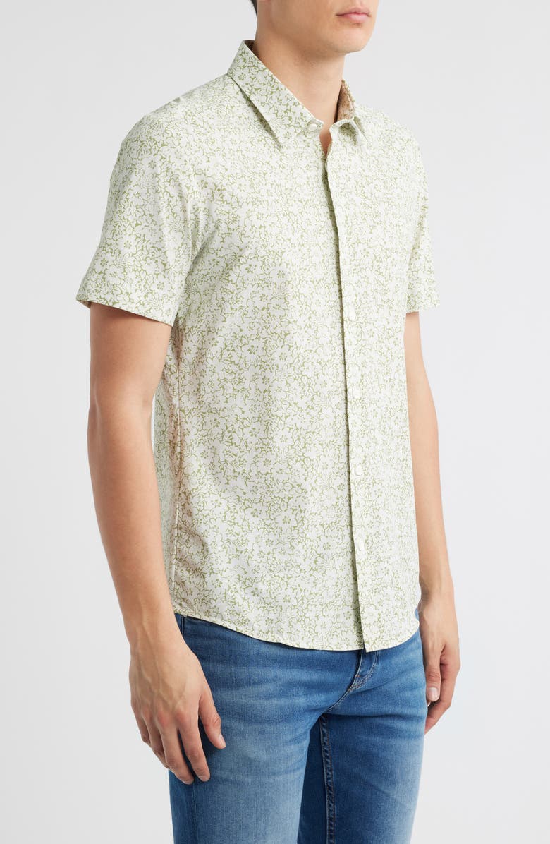 BOSS Roan Floral Short Sleeve Stretch Button-Up Shirt, Alternate, color, Medium Green