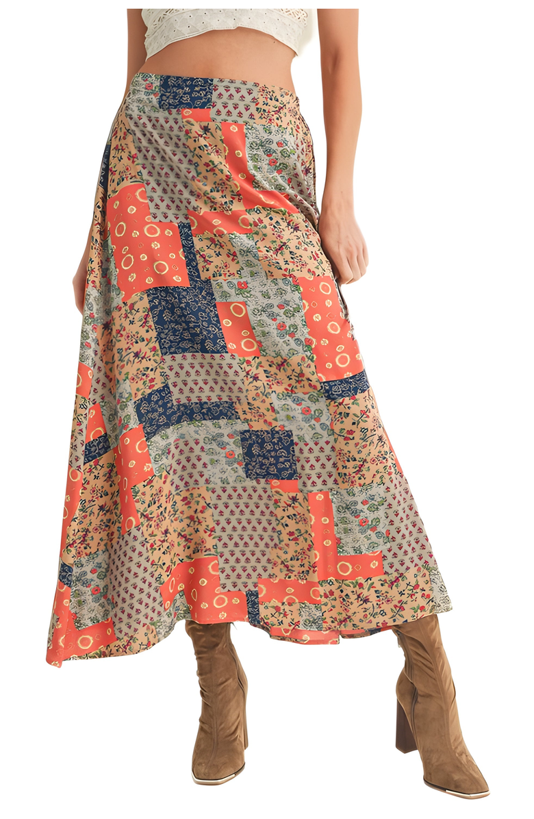 Knit and Lounge Patchwork Print A-Line Maxi Skirt, Main, color, 