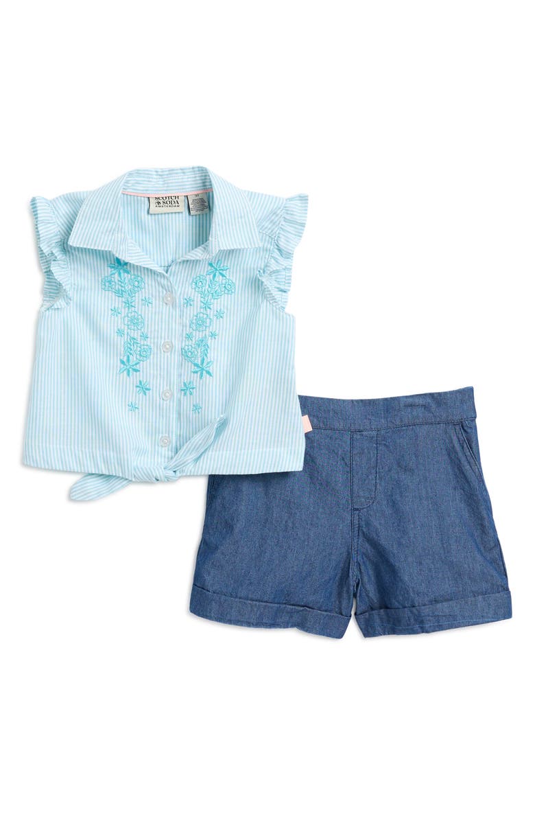 Scotch & Soda Kids' Embroidered Button-Up Top & Denim Shorts, Main, color, 