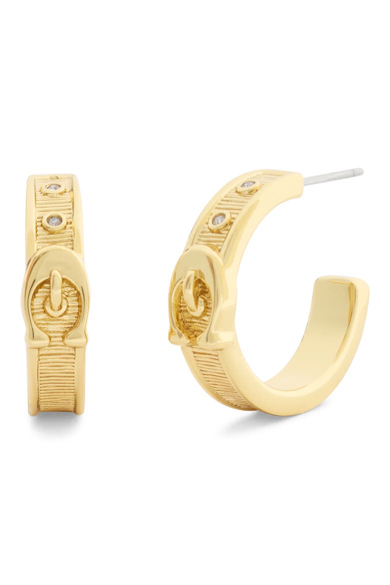 Brushed Buckle Hoop Earrings, Main, color, SHINY GOLD