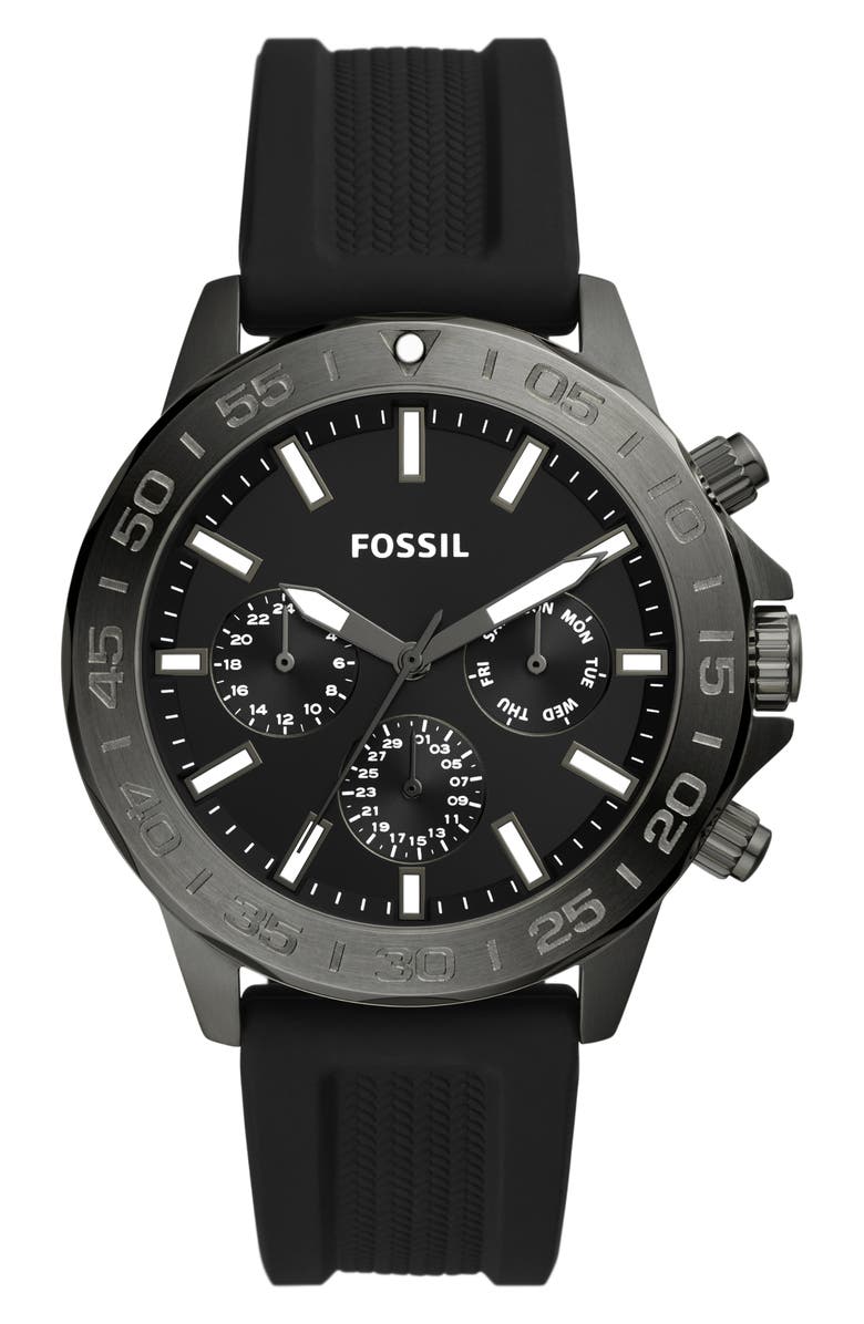 Fossil Bannon Silicone Strap Watch, 45mm, Main, color, Gunmetal