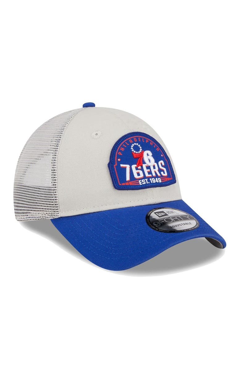 New Era Men's New Era Khaki/Royal Philadelphia 76ers Throwback Patch Trucker 9FORTY Adjustable Hat, Alternate, color, Khaki