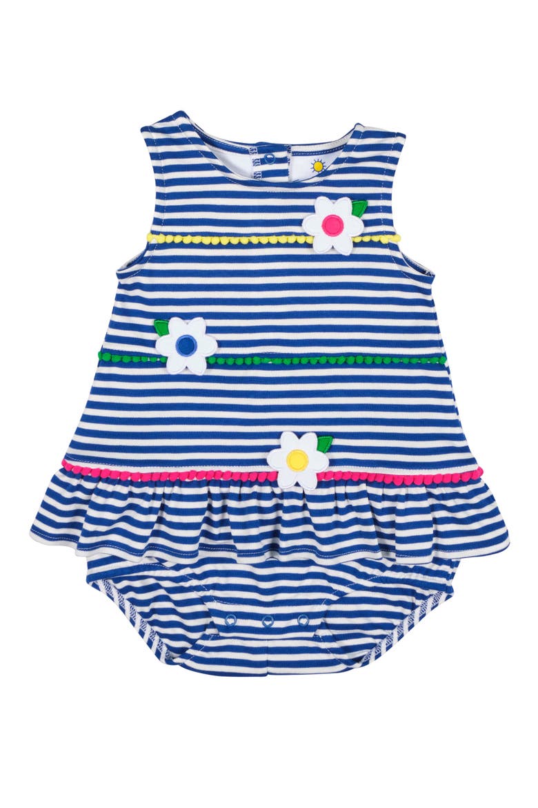 Stripe Knit Romper With Pom Poms & Flowers, Main, color, Royal/White