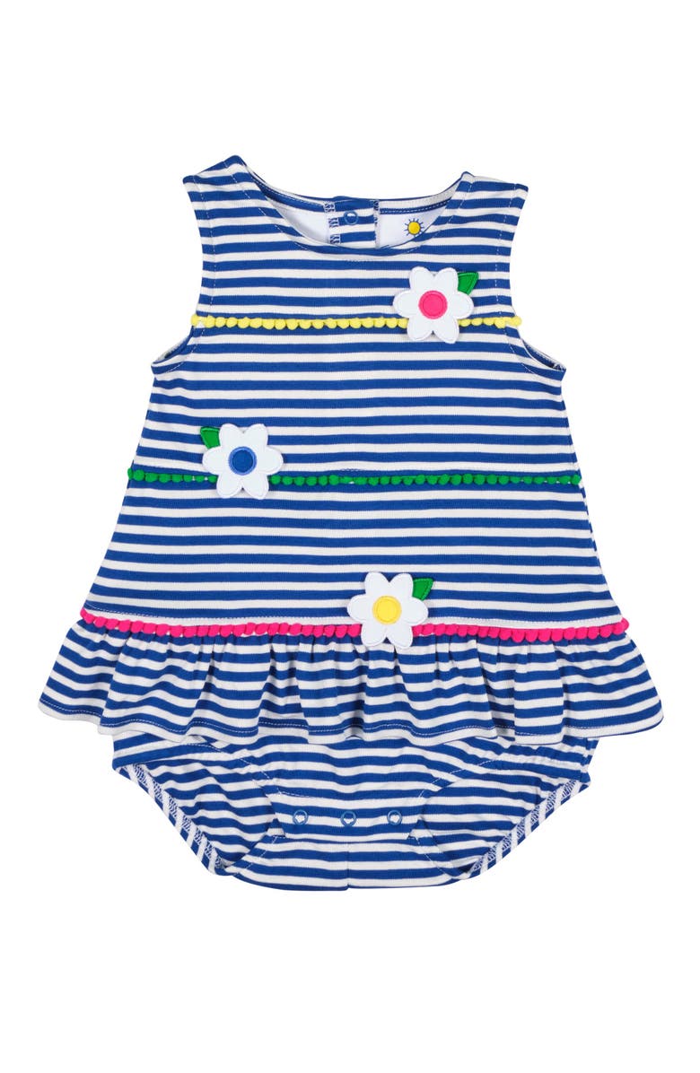Florence Eiseman Stripe Knit Romper With Pom Poms & Flowers, Main, color, Royal/White