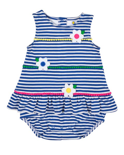Stripe Knit Romper With Pom Poms & Flowers (Baby)