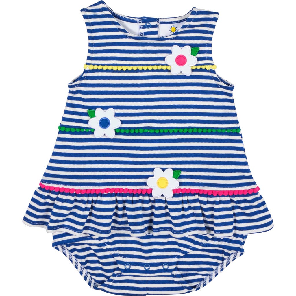 Florence Eiseman Babies' Stripe Knit Romper With Pom Poms & Flowers In Blue