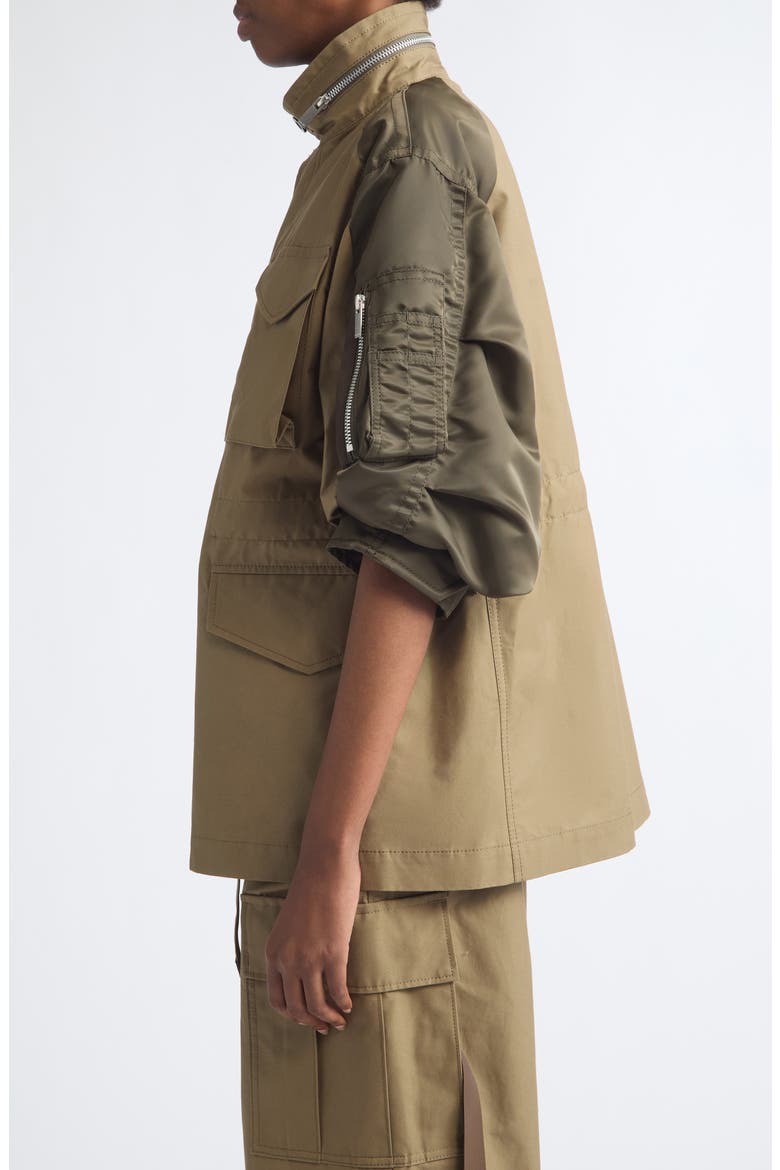 Mixed Media Short Sleeve Jacket, Alternate, color, BEIGE/ DARK KHAKI