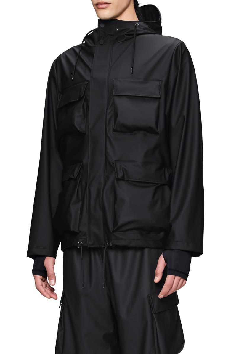 Rains Waterproof Cargo Hooded Rain Jacket, Alternate, color, Black