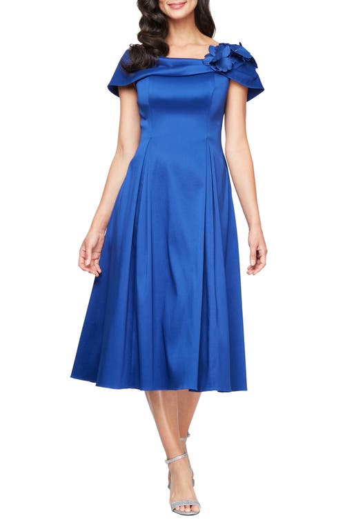 Alex Evenings Floral Detail Off The Shoulder Mikado Cocktail Dress In Bright Royal