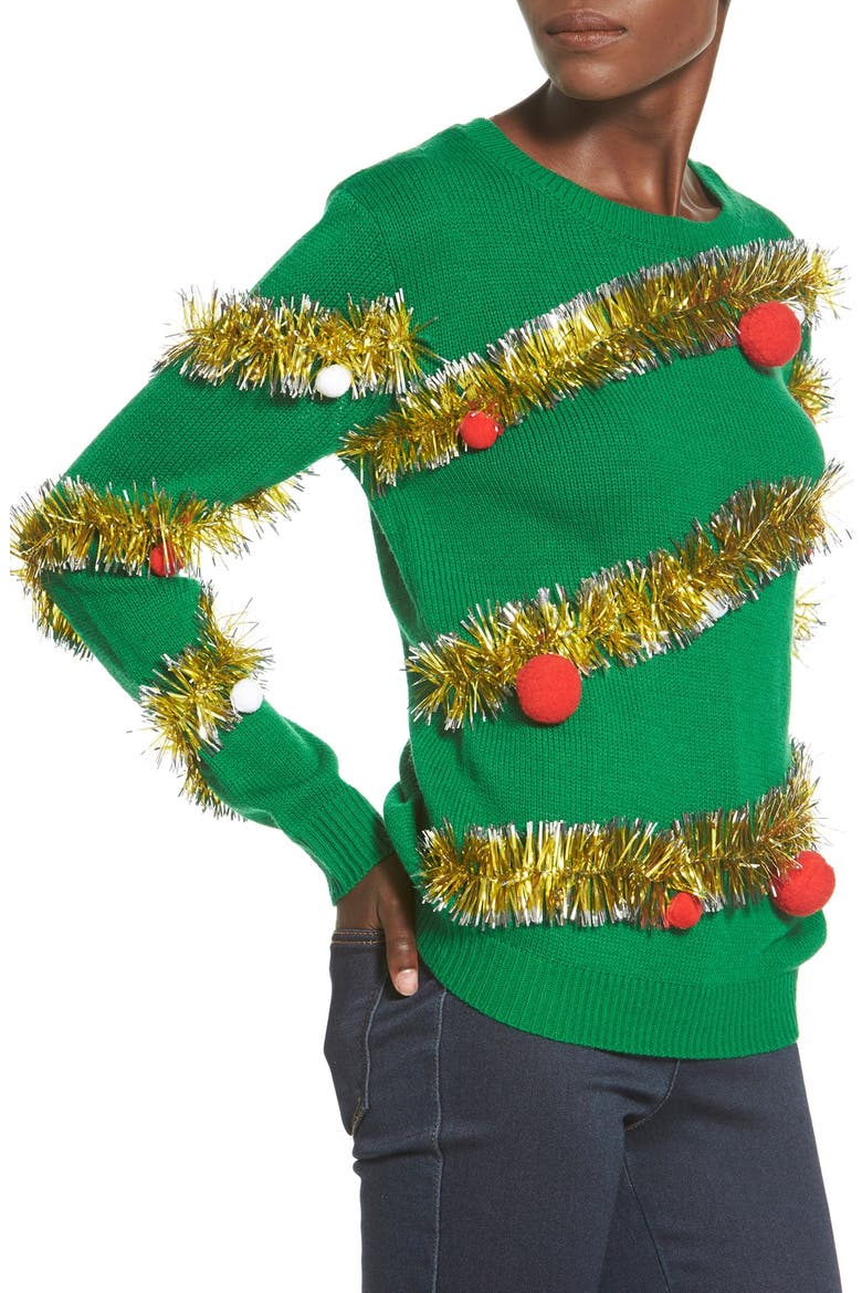 Tinsel Ball Christmas Sweater, Alternate, color, GREEN
