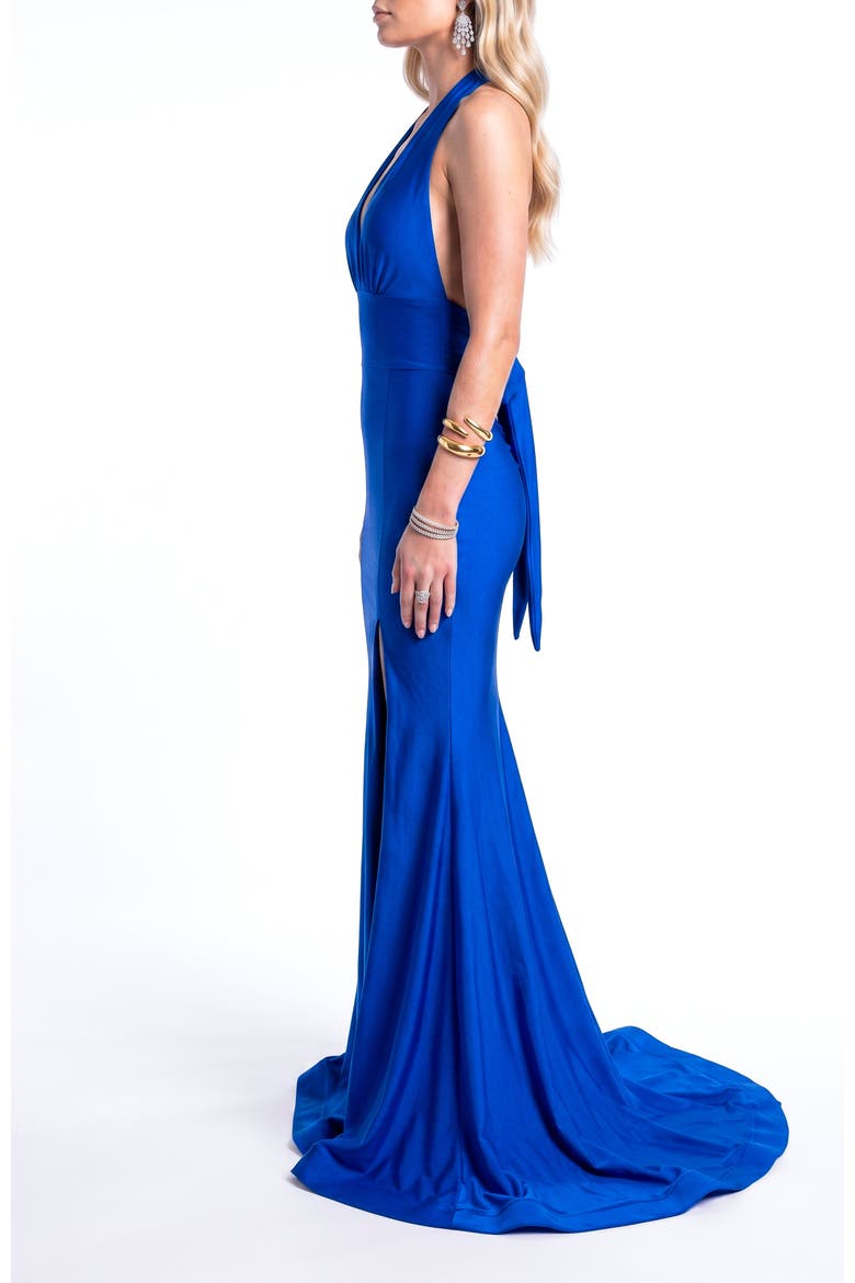 Open-Back Halter Mermaid Gown With Bow Back Detail, Alternate, color, Royalty Royal
