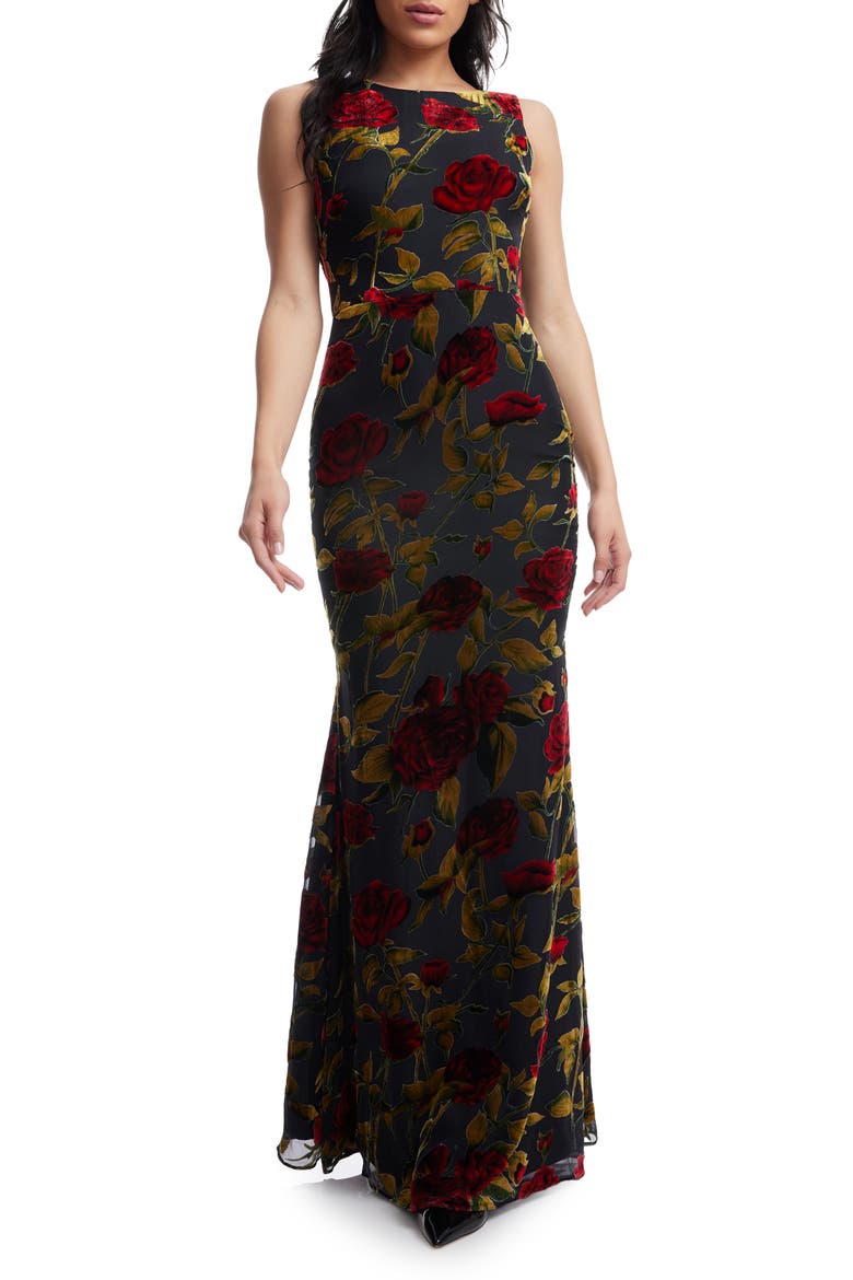 Cherilyn Floral Velvet Burnout Open Back Mermaid Gown, Main, color, BLACK MULTI