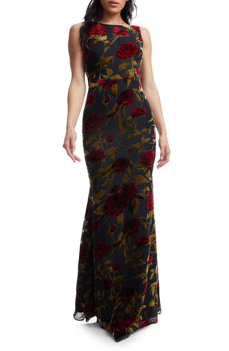 Dress the Population Cherilyn Floral Velvet Burnout Open Back Mermaid Gown, Main, color, Black Multi