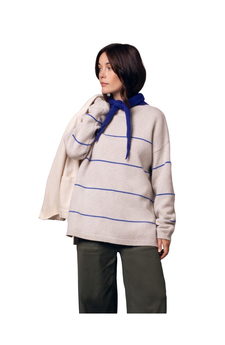 Celtic & Co. Split Hem Slouch Funnel Neck Jumper, Alternate, color, Ecru Cobalt Stripe