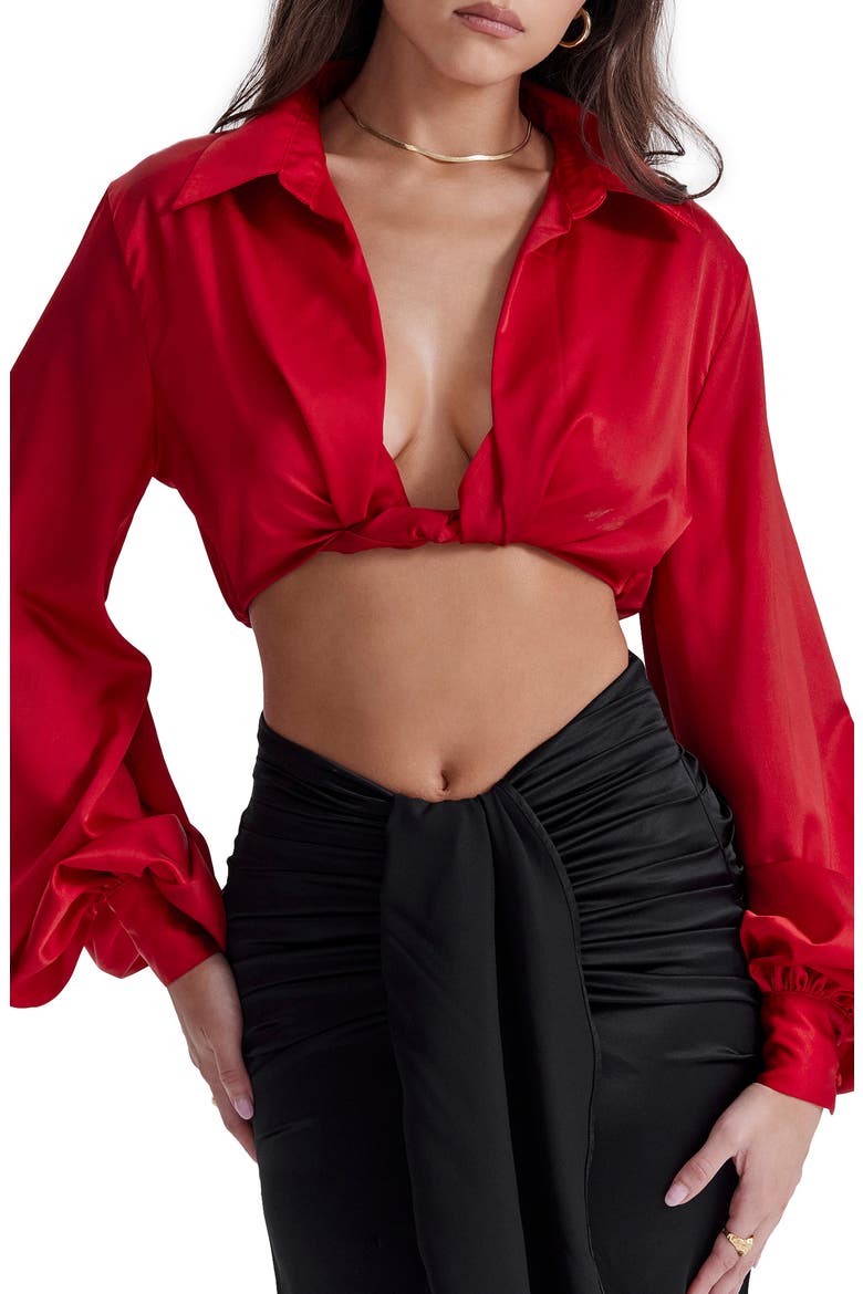 Laraine Plunge Neck Stretch Silk Crop Blouse, Main, color, RED ROSE