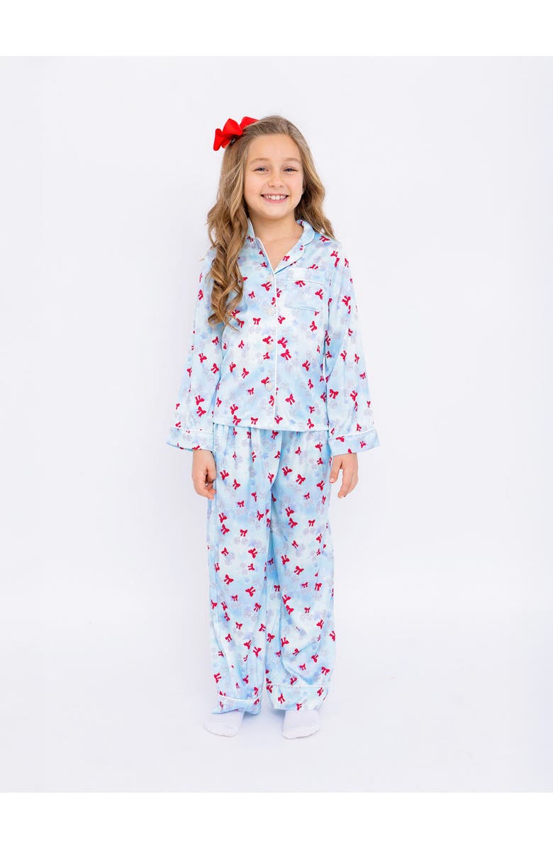 Preppy Goose Disco Cherries Satin Long Sleeve Pajama Pant Set, Main, color, Light Blue