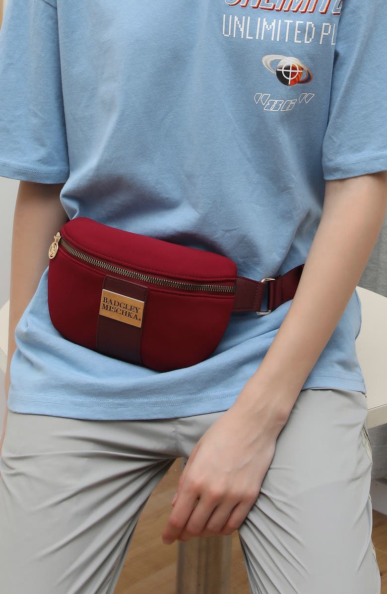 BADGLEY MISCHKA Sage Scuba and Vegan Leather Belt Bag, Alternate, color, Burgundy
