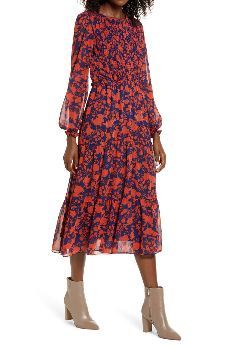 Floral Long Sleeve Chiffon Midi Dress, Main, color, NAVY/ ORANGE