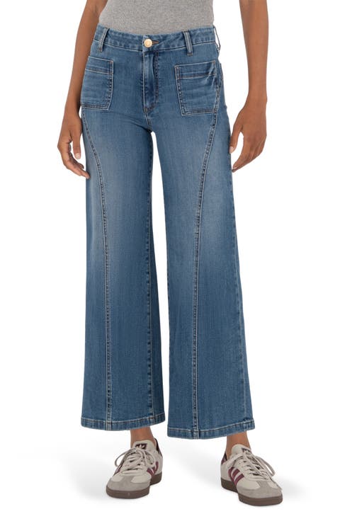 Patch Pocket Mid Rise Ankle Wide Leg Jeans (Vibrant)