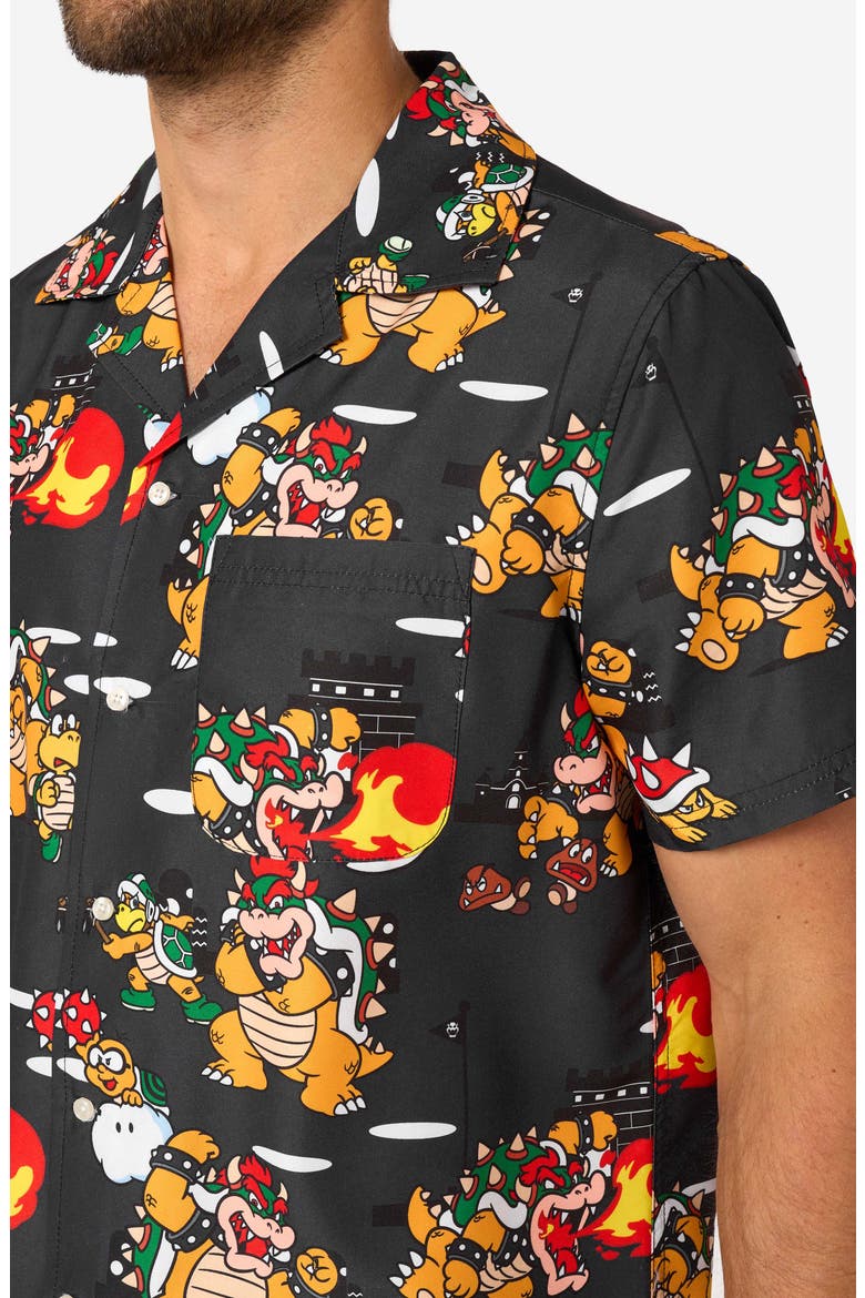 Bowser Mayhem Button Front Short Sleeve Shirt, Alternate, color, BLACK
