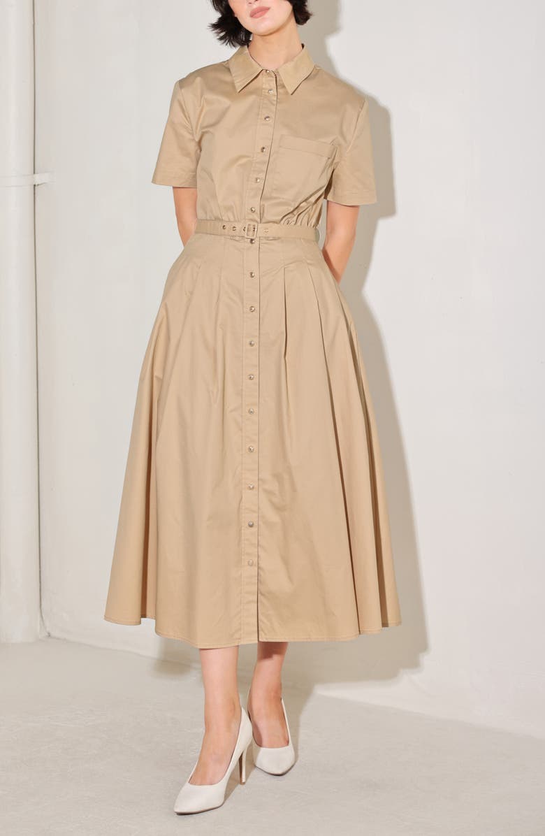 FREEMARKET Cotton Poplin Belted Midi Shirt Dress, Alternate, color, Khaki