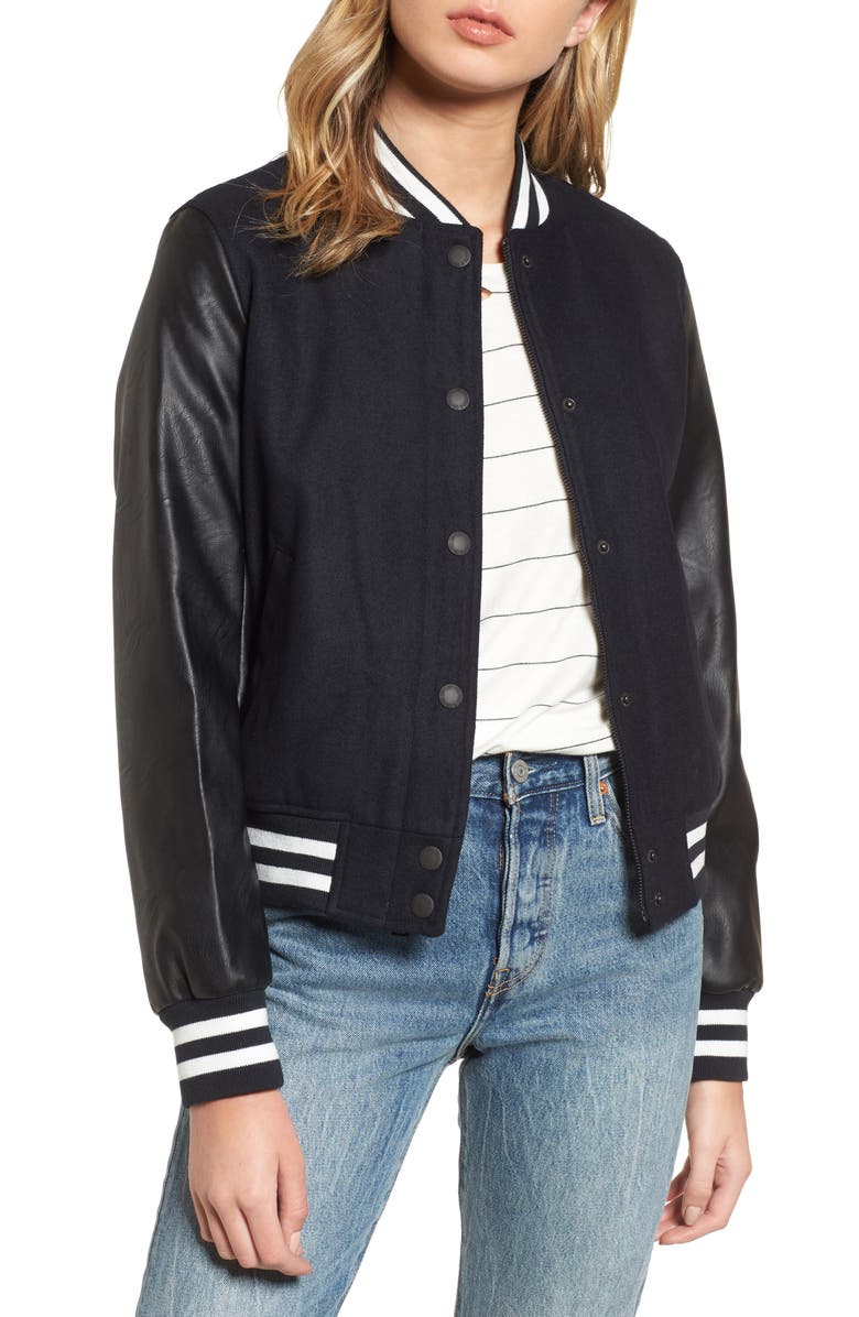 Levi's<sup>®</sup> LEVIS<sup>®</sup> Mixed Media Varsity Bomber Jacket, Main, color, 