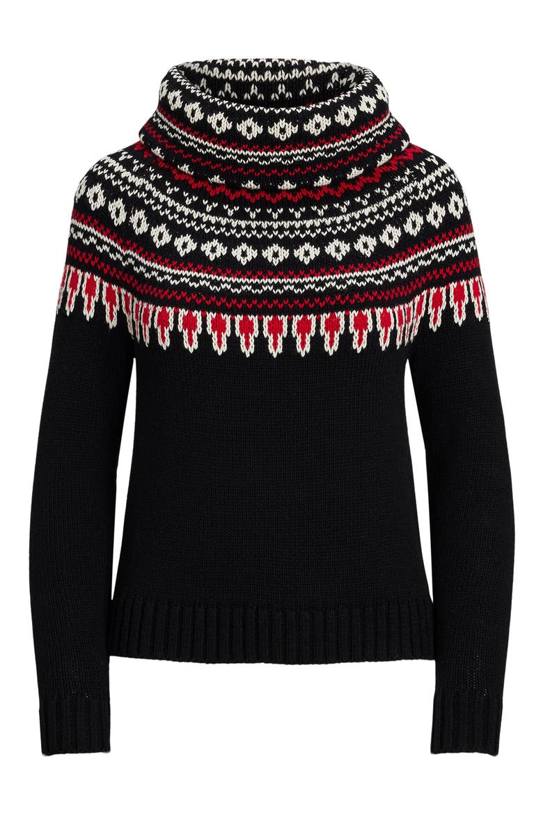 Fair Isle Cotton Turtleneck Sweater, Alternate, color, BLACK/ CREAM/ RED