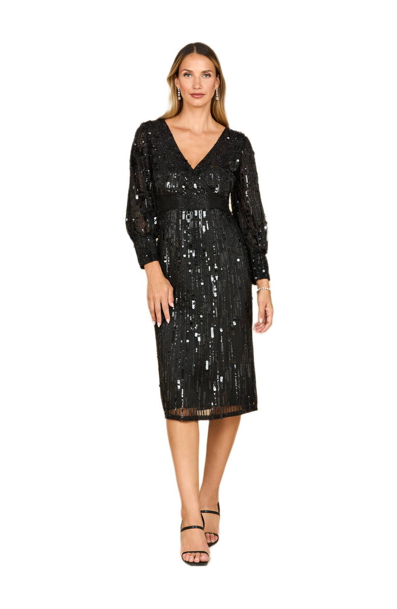 LARA New York Beaded A-line Midi Dress with Long Sleeves, Main, color, Black