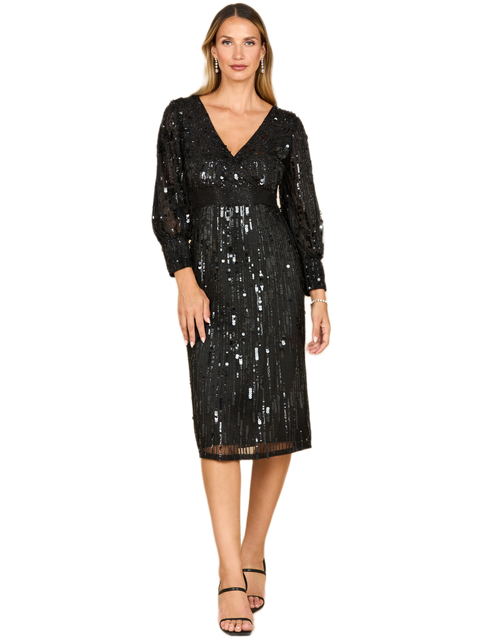 Beaded A-line Midi Dress with Long Sleeves