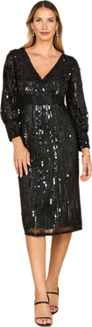 LARA New York Beaded A-line Midi Dress with Long Sleeves