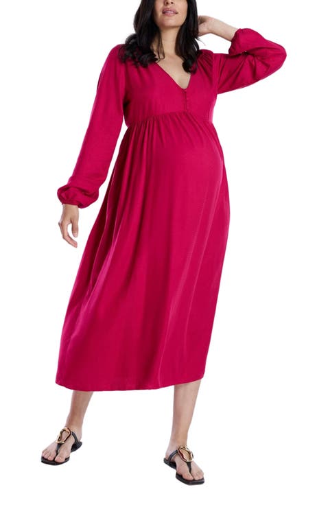 Long Sleeve Button Front Maternity Midi Dress