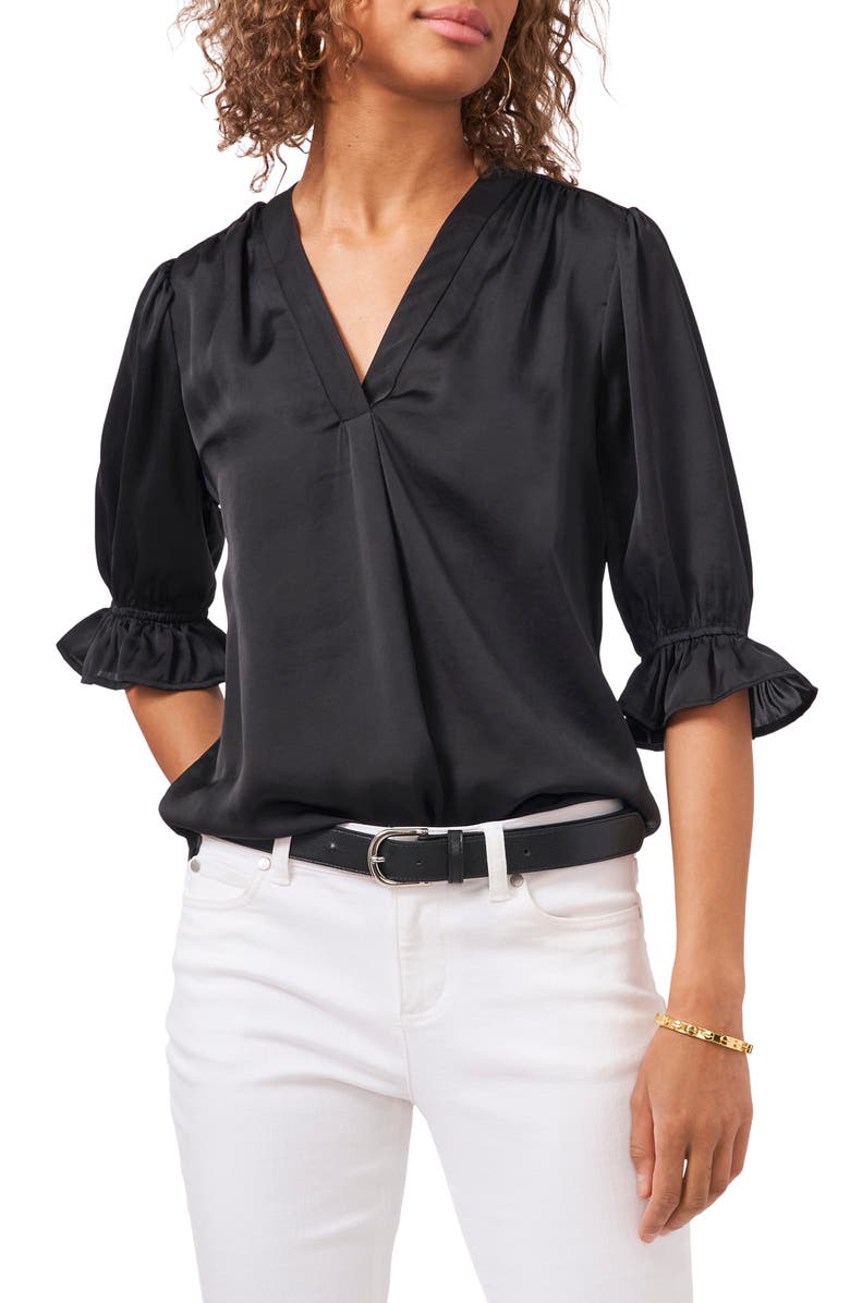 Vince Camuto V-Neck Shirred Satin Blouse, Main, color,